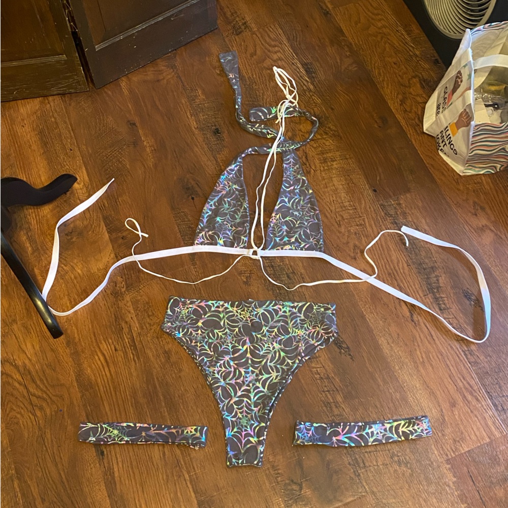 Reflective spiderweb two piece rave set with matching garters